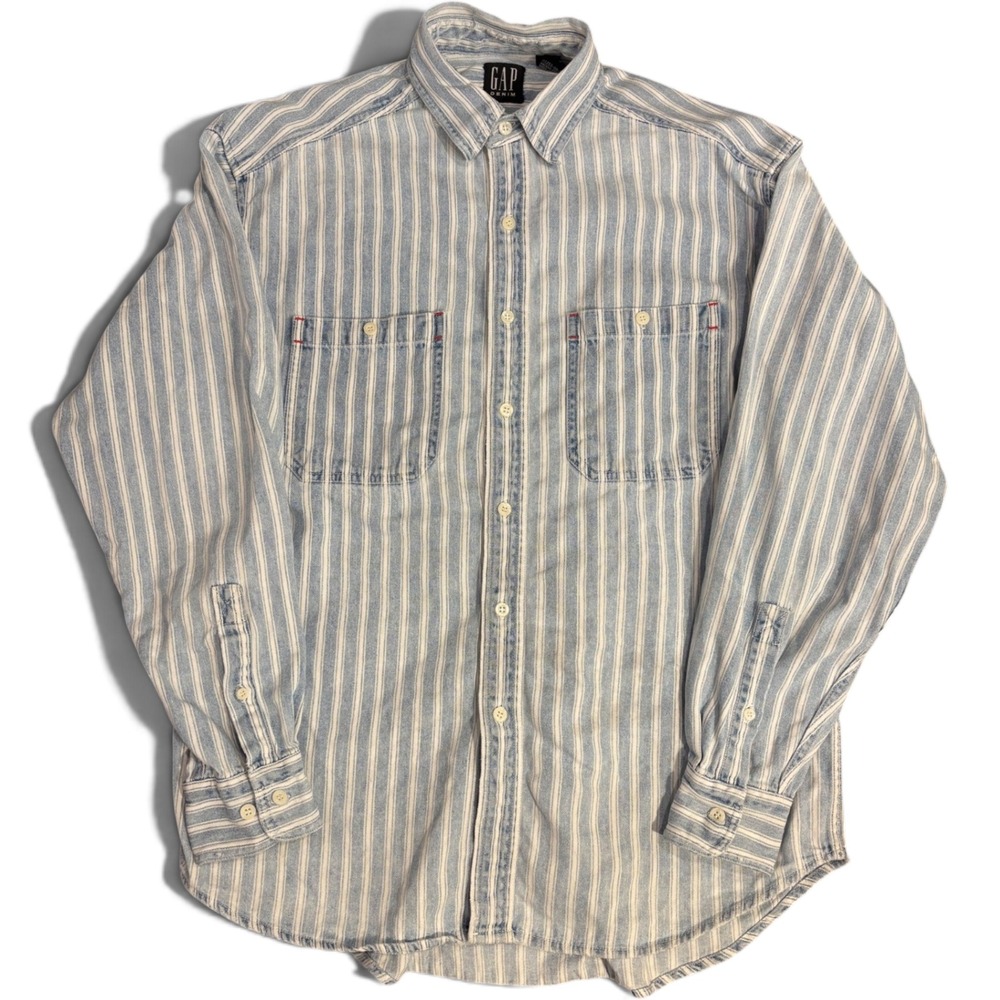 Vintage 90s Gap Denim Striped Shirt Mens Medium Thrashed Blue White Hong Kong